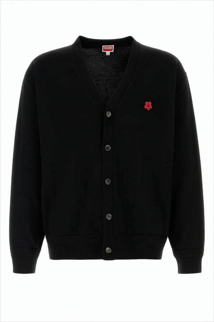 Kenzo Cropped Black Wool Cardigan With V-Neckline And Embroidered Detail
