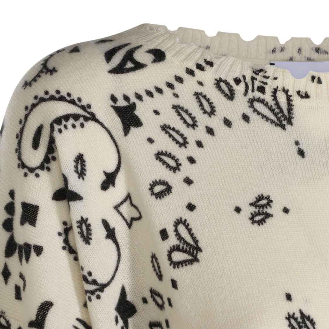 Kujiten Intricate Cream Knit Sweater With Paisley Pattern And Scalloped Hem