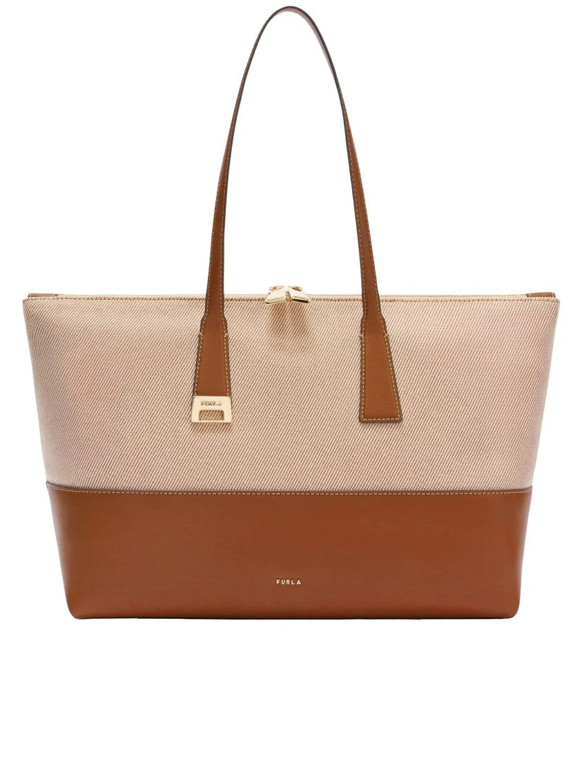 Furla Olivia L Tote Beige Cotton Leather Tote