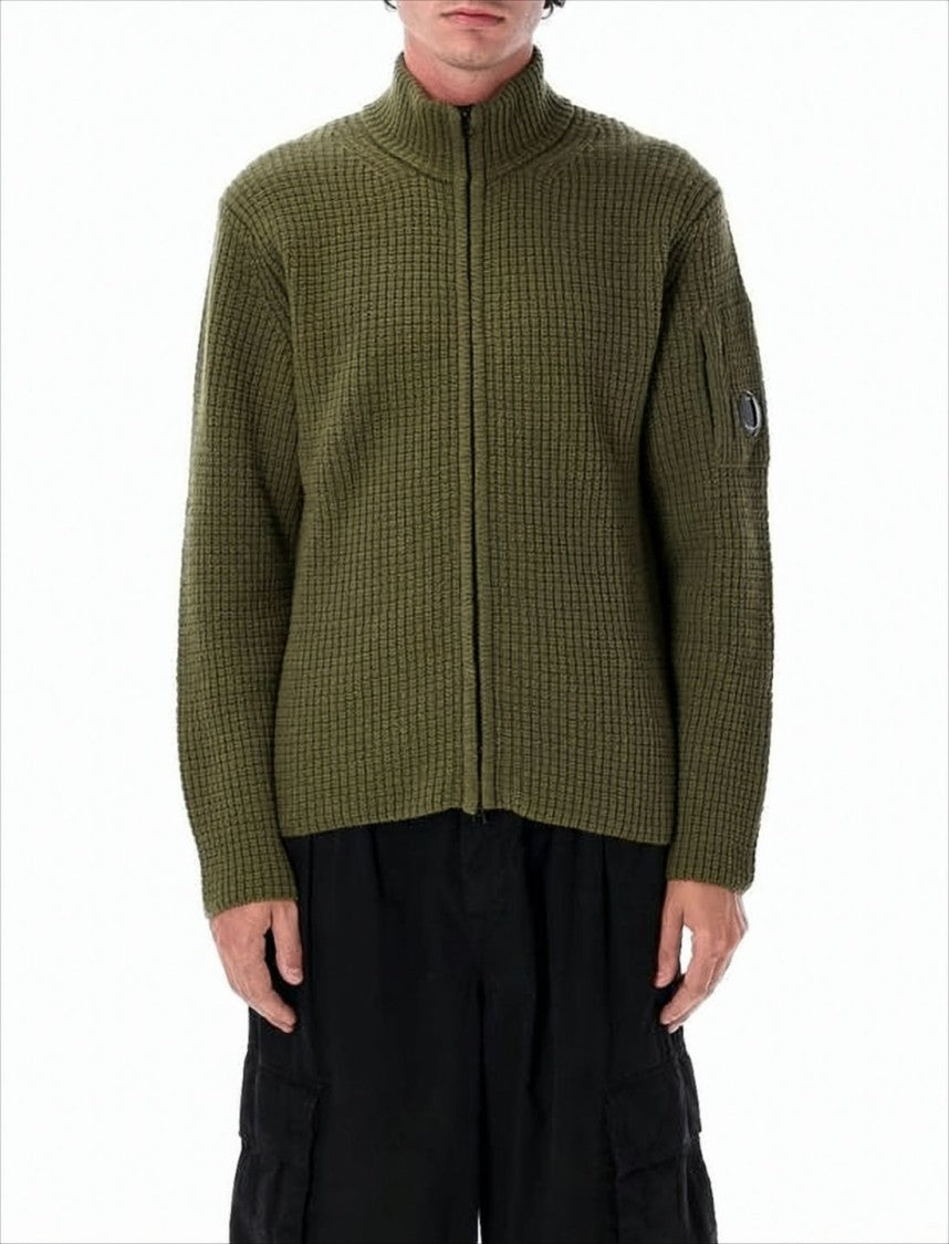 C.P. Company Textured Green Zip-Up Knitwear With High Collar