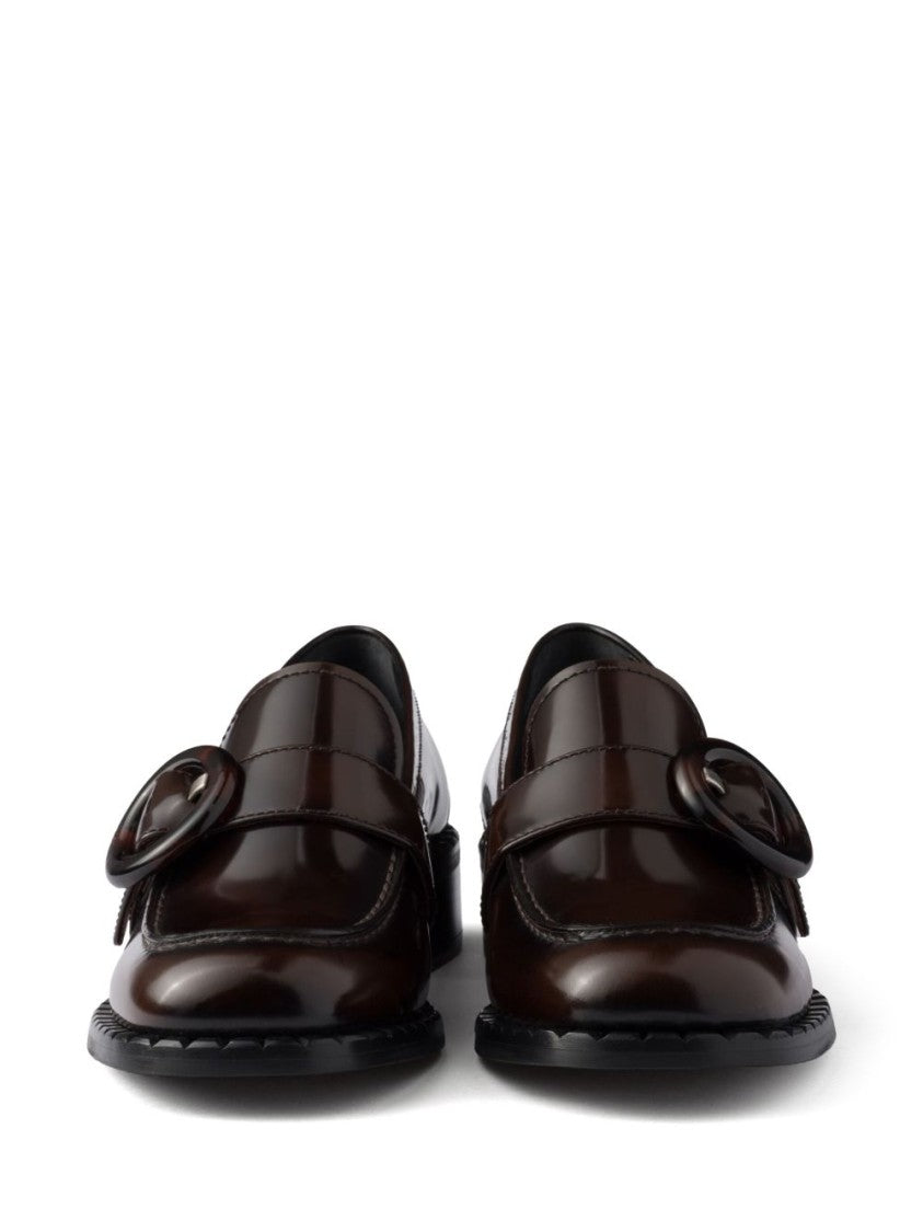 Prada Polished Brown Flat Shoes With Decorative Buckle