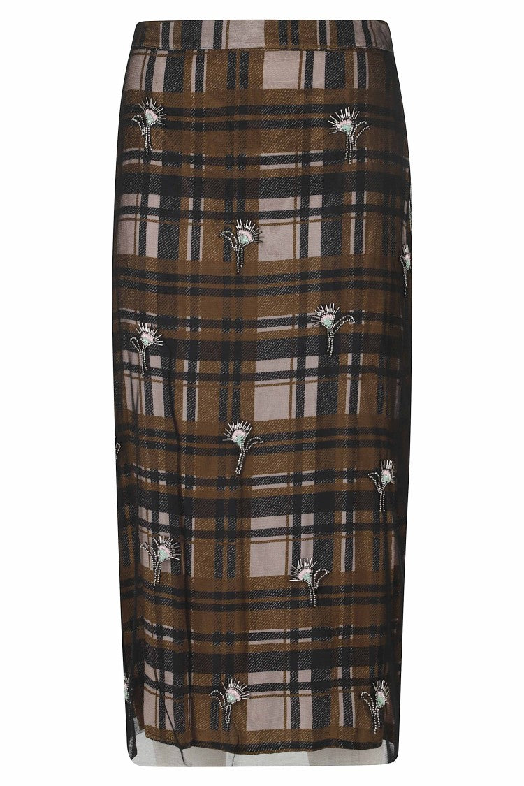 Essentiel Antwerp Khaki/Black Floral Embellished Tulle Midi Skirt