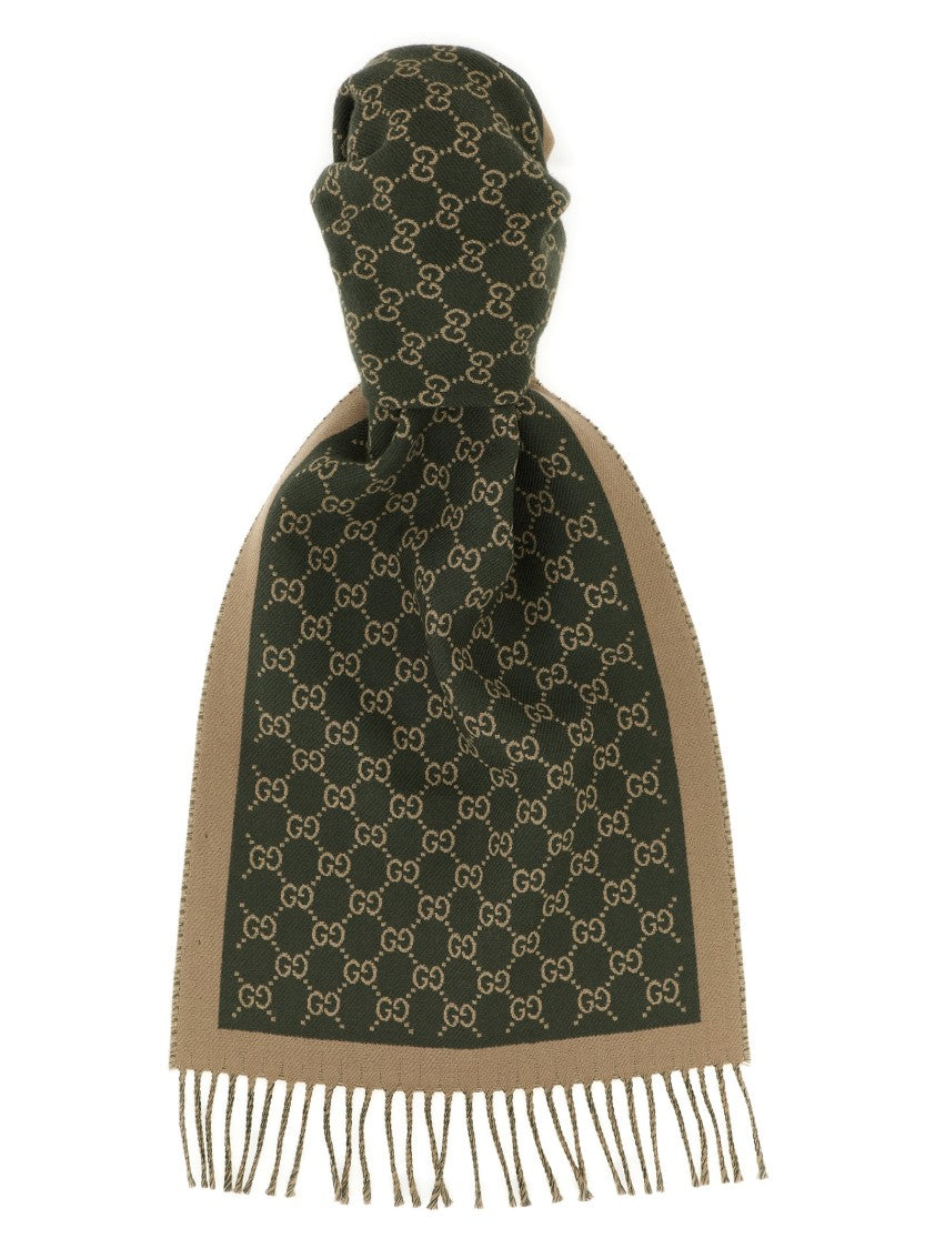 Gucci Gg Jacquard Wool Scarf With Fringed Hem