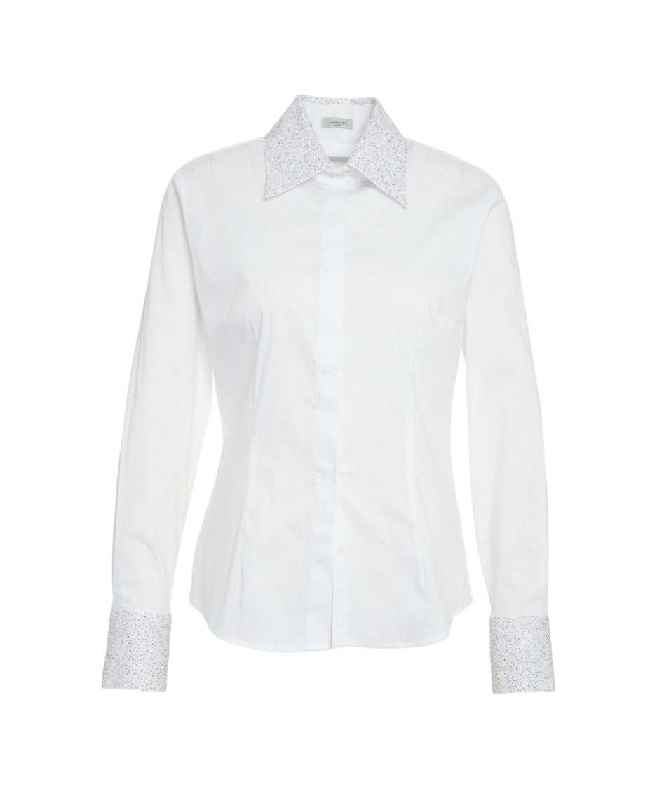 Himon's Fitted White Blouse With Rhinestone-Embellished Cuffs