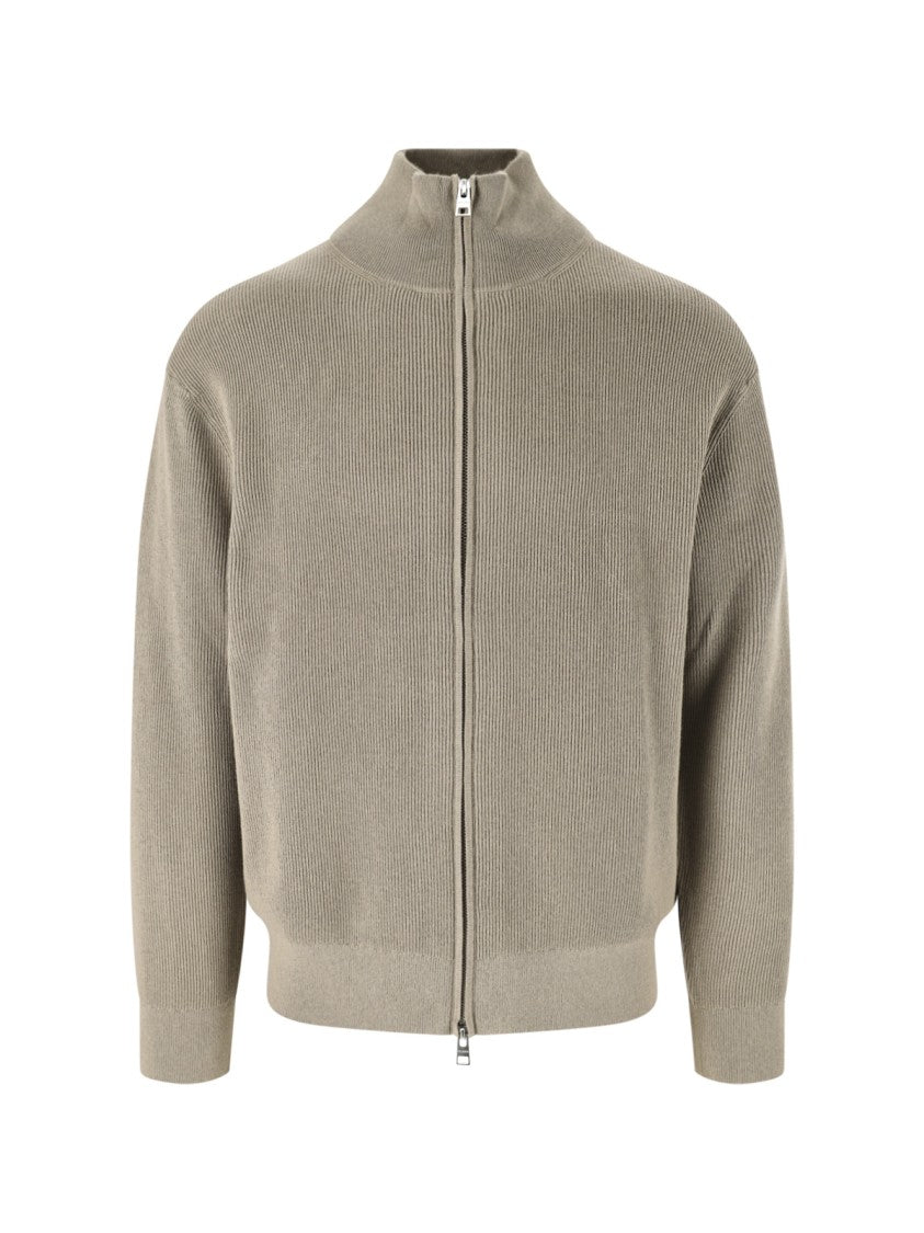 Closed Ribbed Knit Sweater With High Collar And Full Zipper Closure