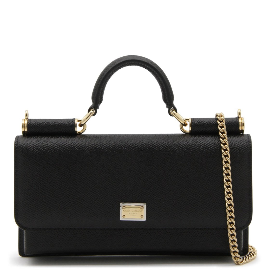 Dolce & Gabbana Textured Black Leather Wallet On Chain With Gold-Tone Hardware