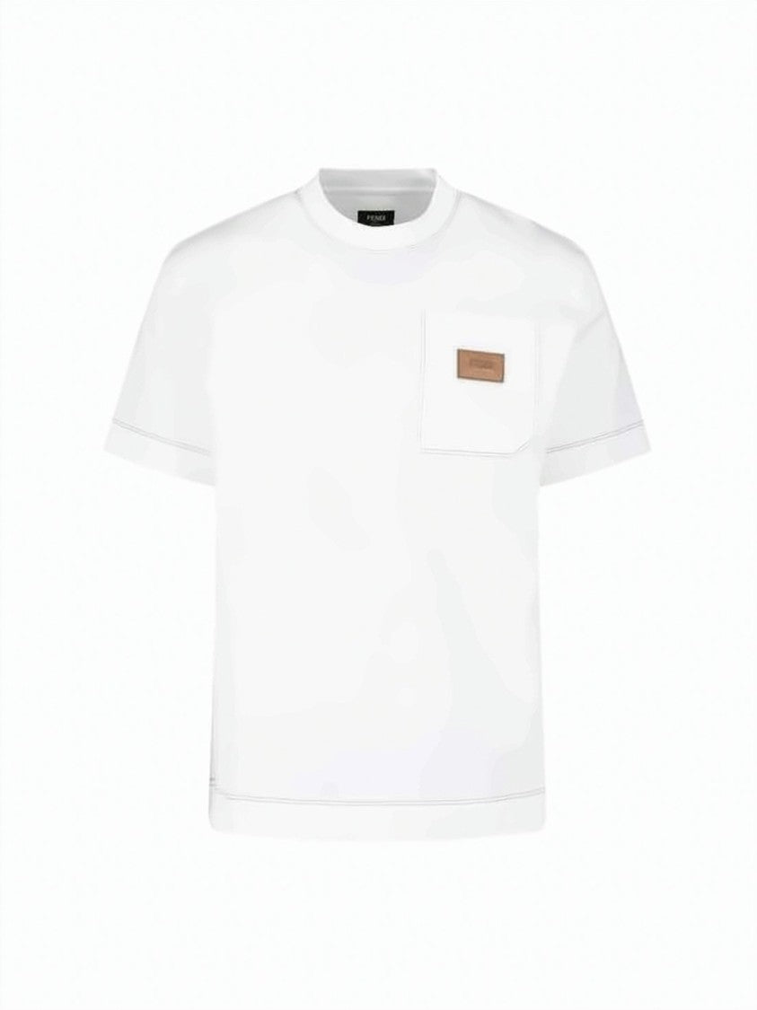 Fendi Minimalist White Cotton T-Shirt With Leather Logo Patch
