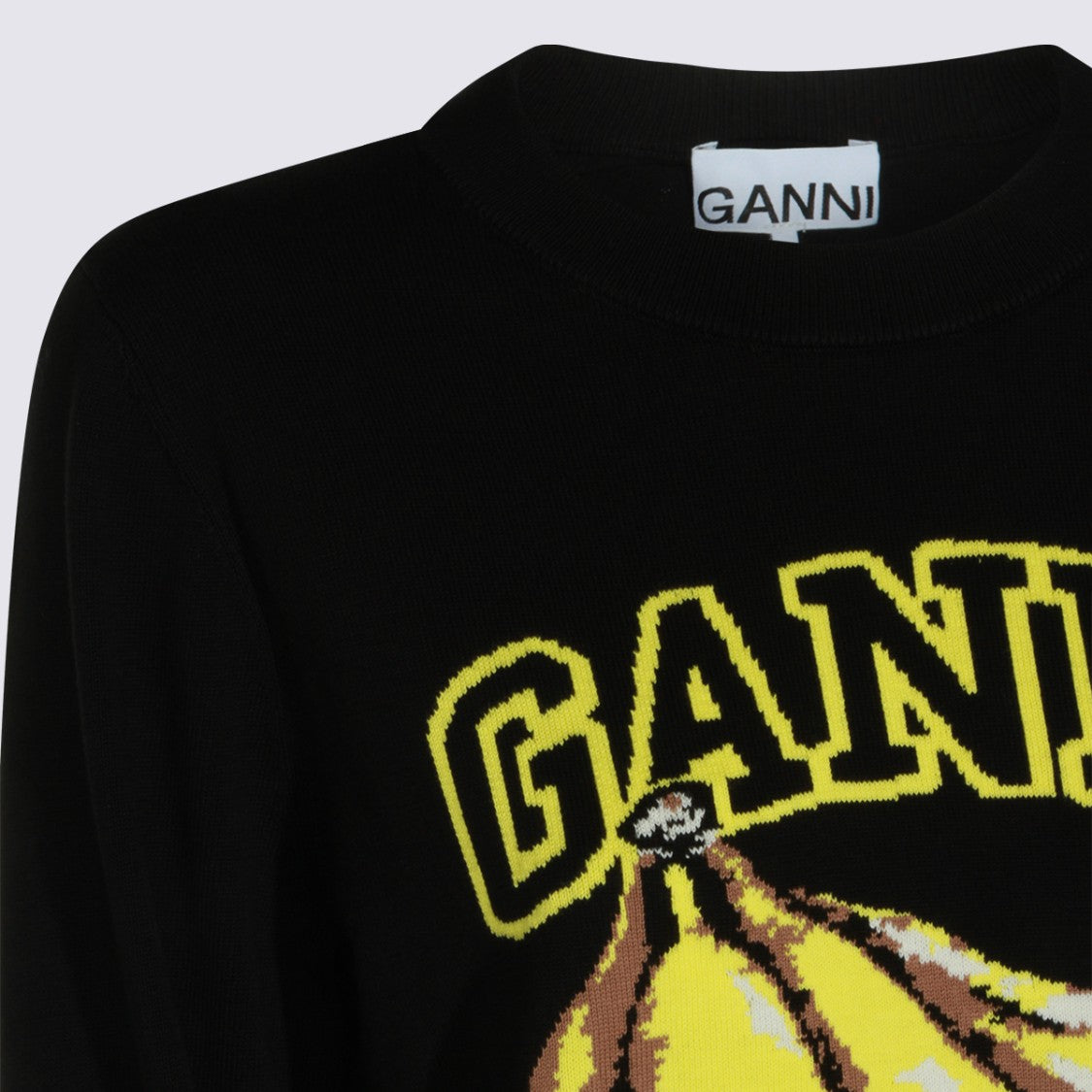 Ganni Graphic Black Sweater With Banana Motif And Recycled Message