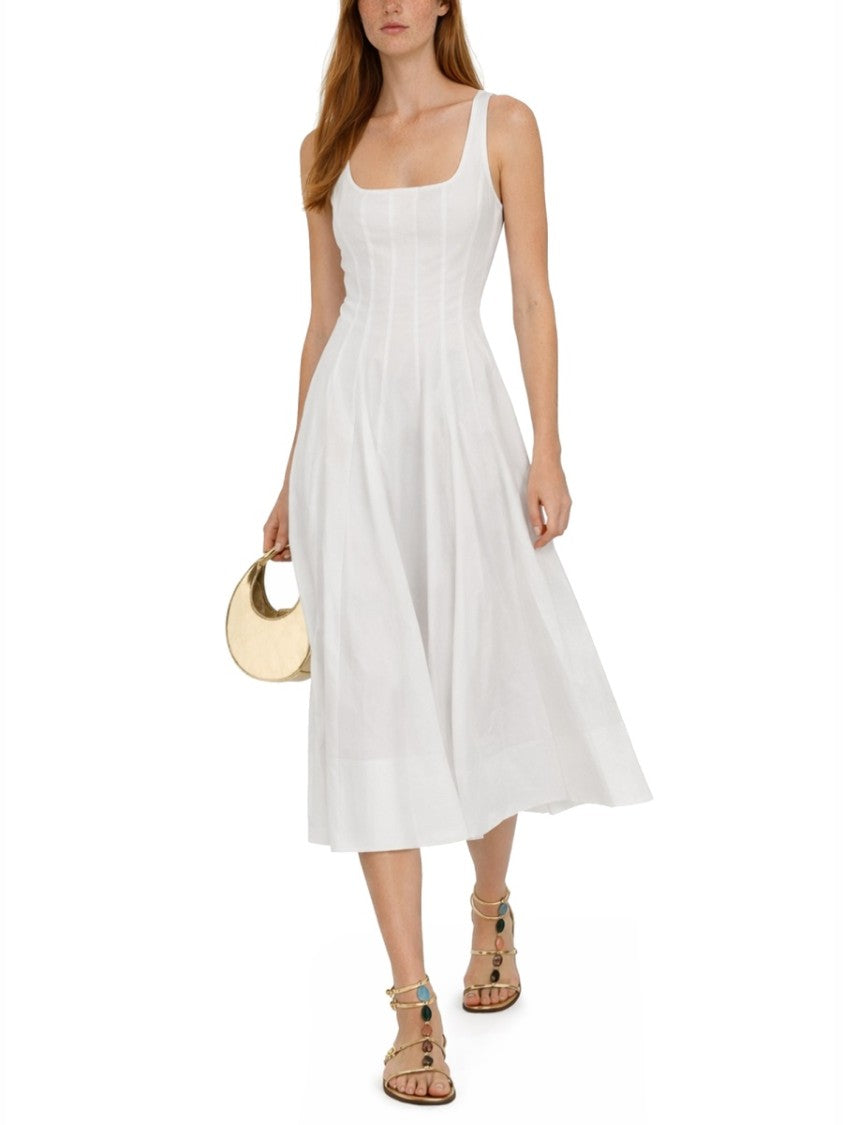 Staud Wells Midi Square Neck Pleated Dress