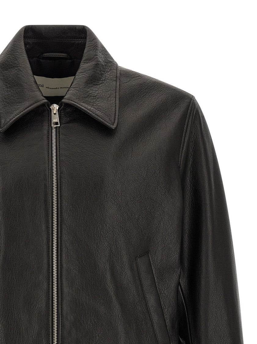 Ami Paris 'Ami De Coeur' Leather Bomber Jacket