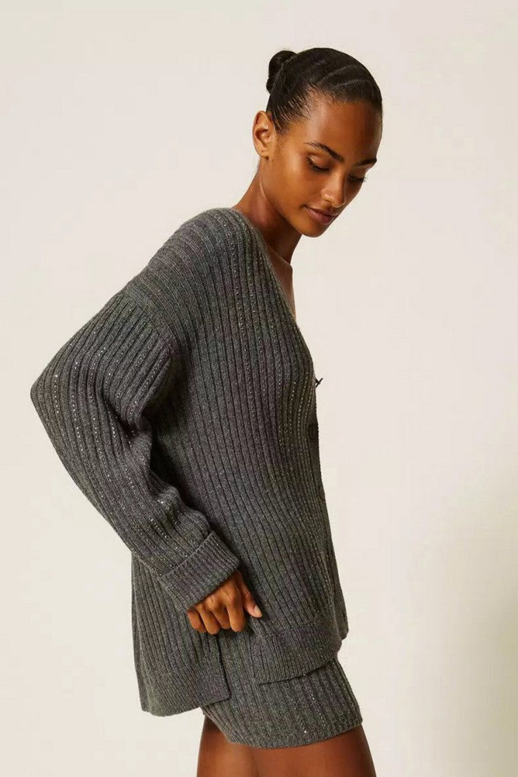 Twin-Set Grey Ribbed V-Neck Viscose-Blend Cardigan