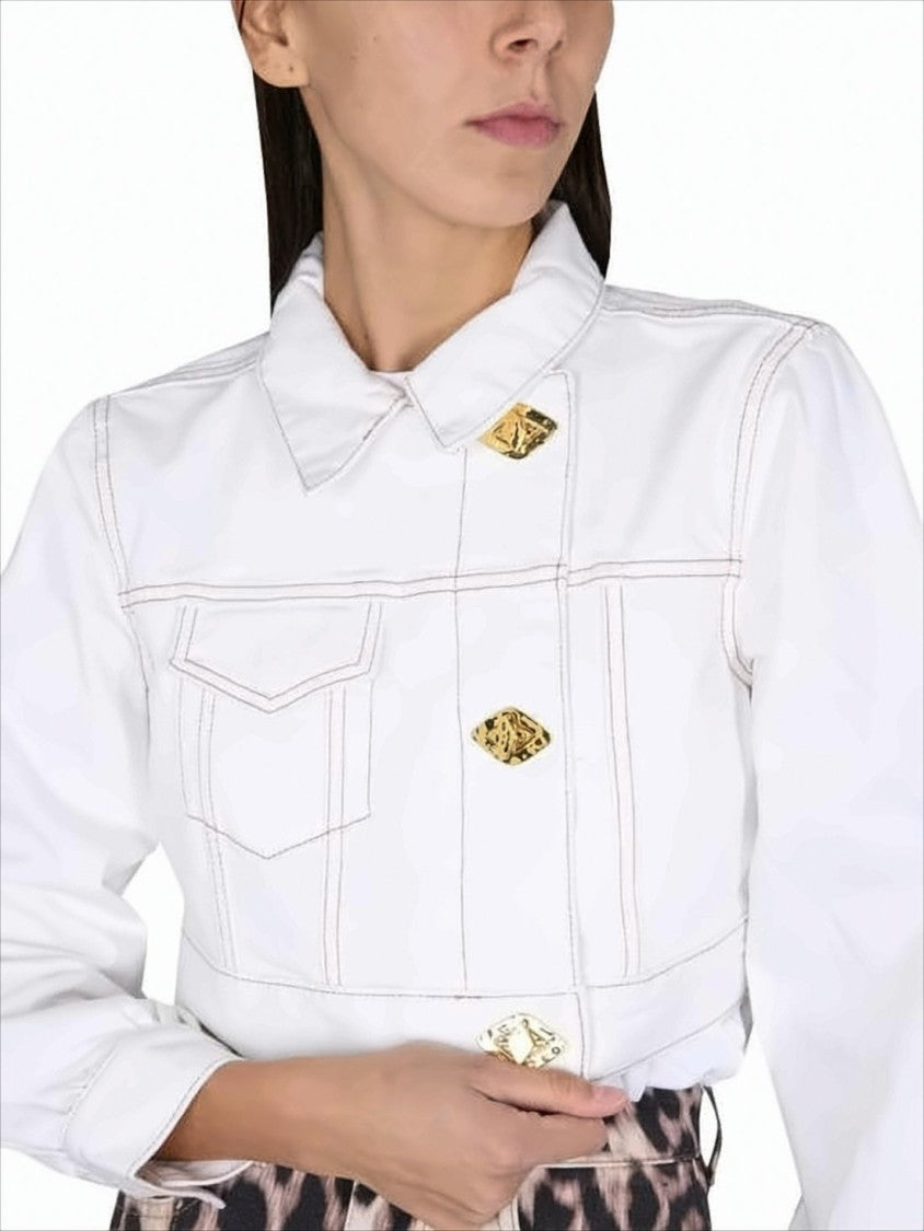 Ganni Cropped Denim Jacket With Gold-Tone Buttons And Boxy Fit