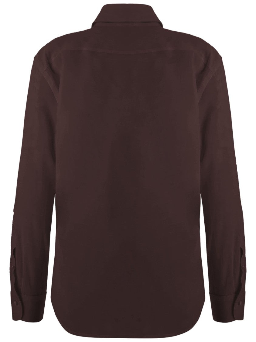 Her Shirt Brown Classic Collar Buttoned Cuffs Stretch Silk Shirt