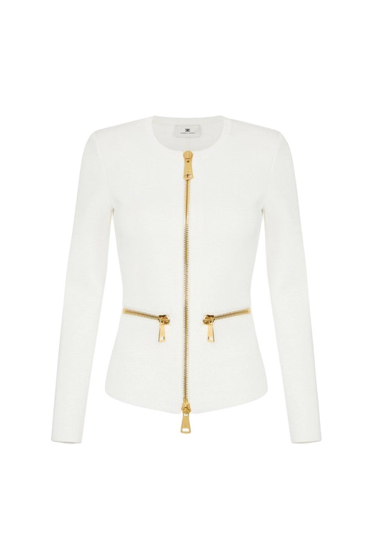 Elisabetta Franchi Ivory Gold Zip Front Hip Pockets Viscose-Blend Sweater