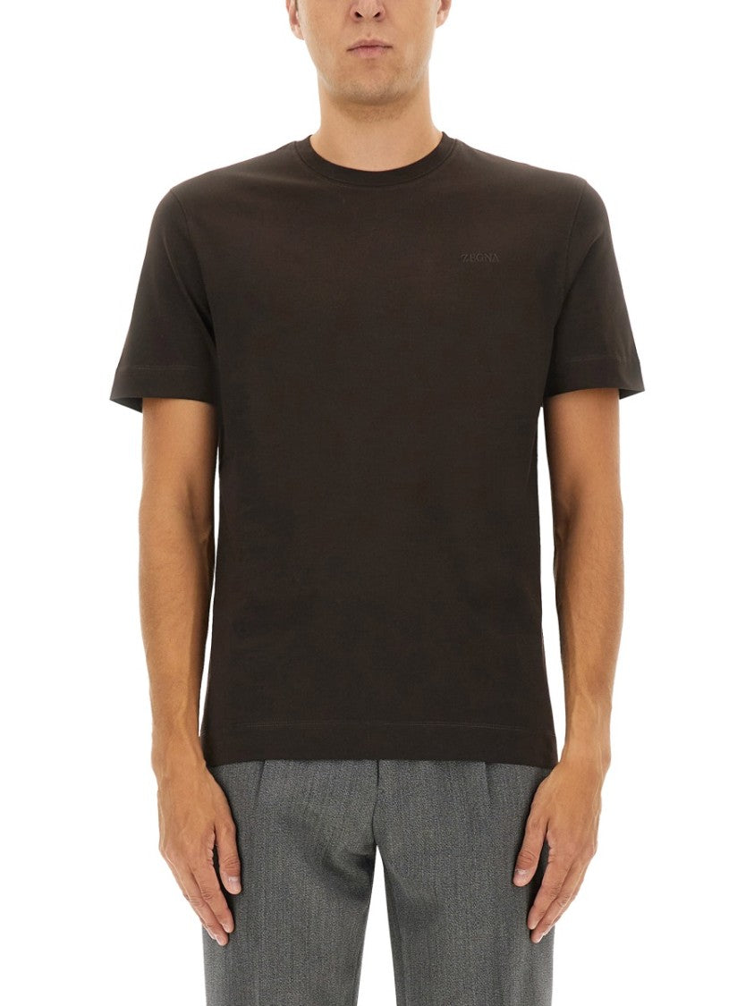 Zegna Minimalist Crew Neck T-Shirt In Dark Brown Cotton
