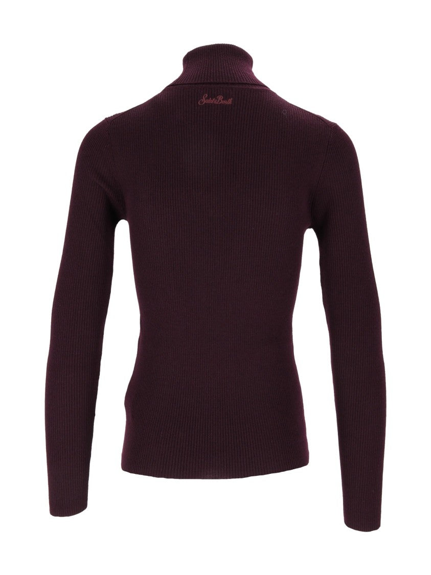 Mc2 Saint Barth Aubergine Erika Merino Ribbed Fitted Wool Turtleneck Sweater