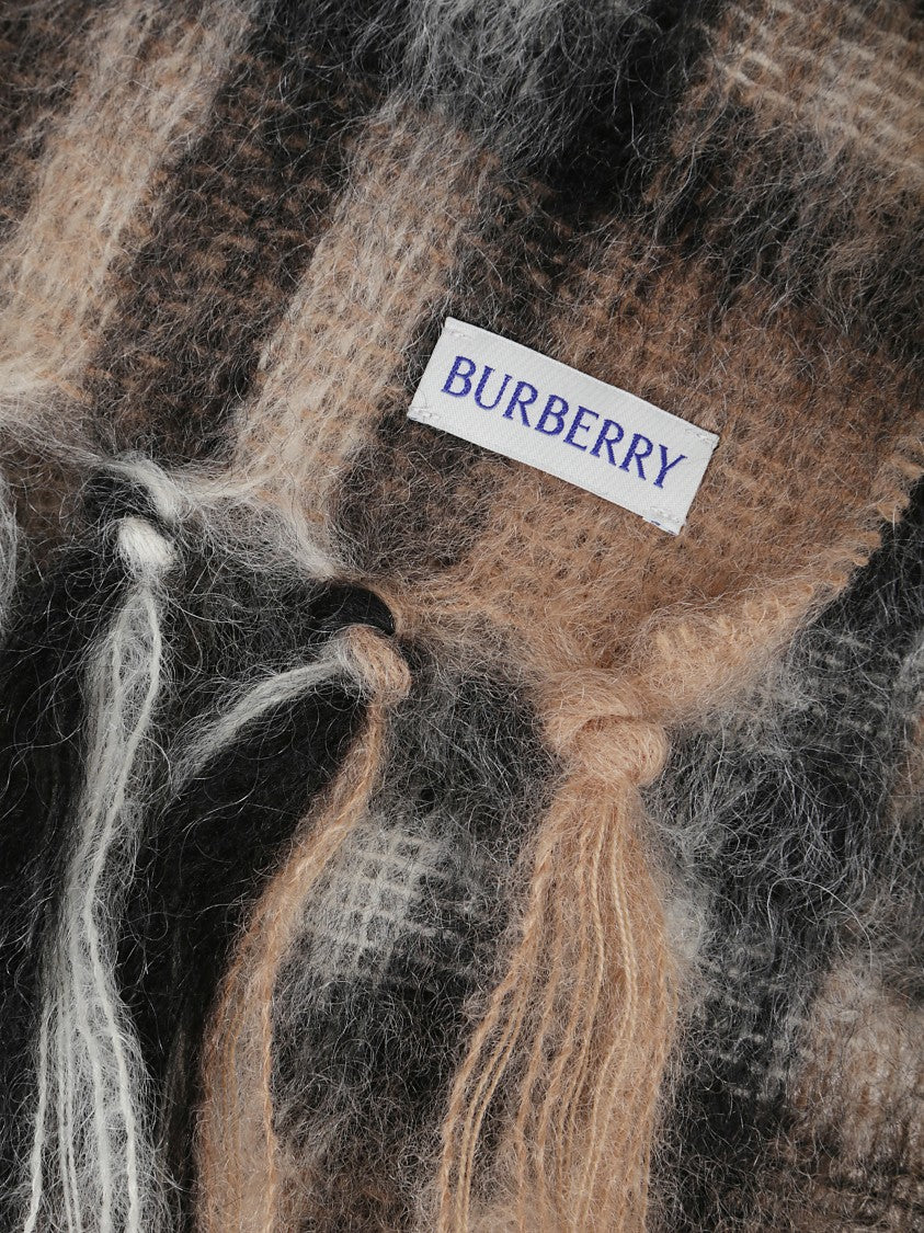 Burberry Beige Checked Pattern Scarf With Fringed Edges