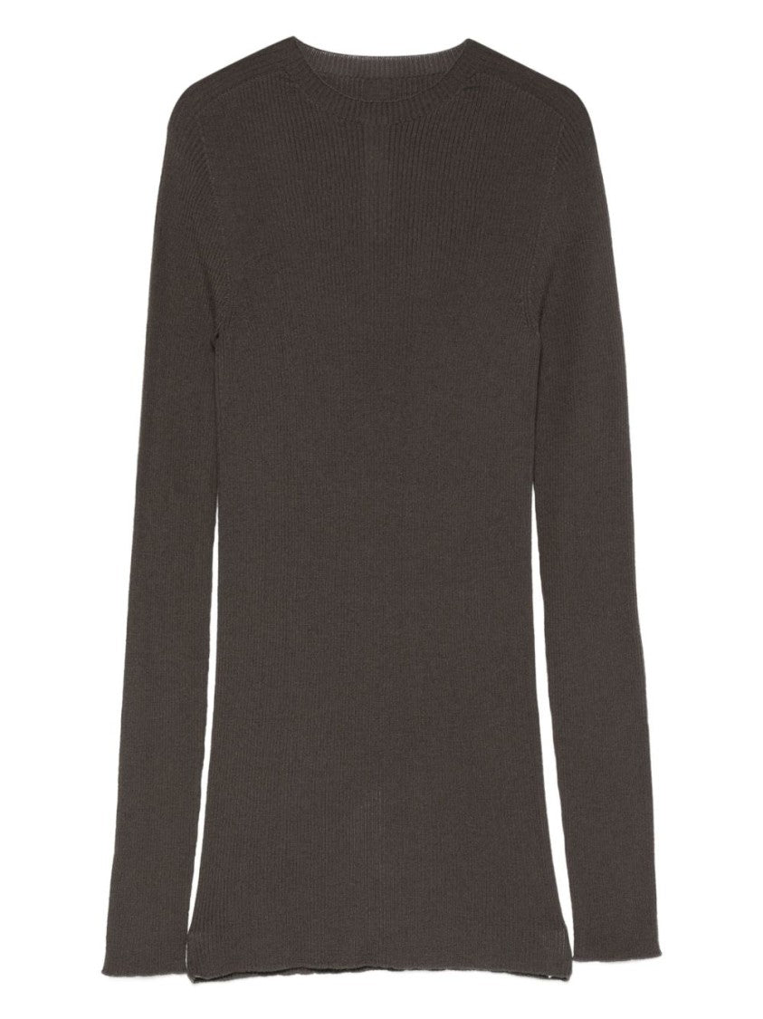 Rick Owens Slim Fit Ribbed Knit Sweater With Raw-Edged Hem