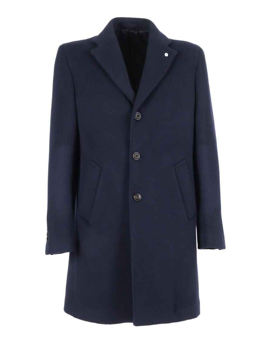 Brando-Lubiam Structured Blue Wool Coat With Notched Lapel And Button Details