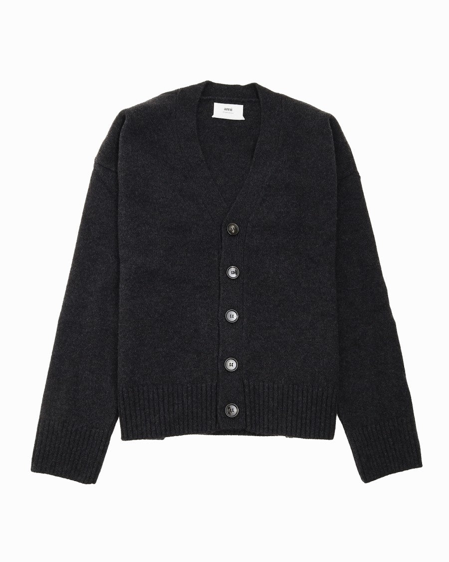 Ami Classic V-Neck Cardigan With Cashmere Elbow Patches