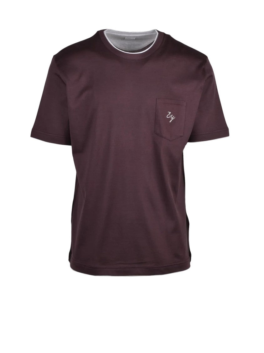 Eleventy Burgundy Crew Neck Chest Pocket Cotton T-Shirt