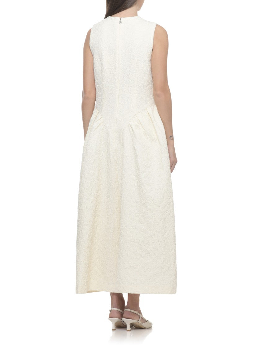 Rotate Ivory Jacquard Midi Dress With Embossed Floral Pattern