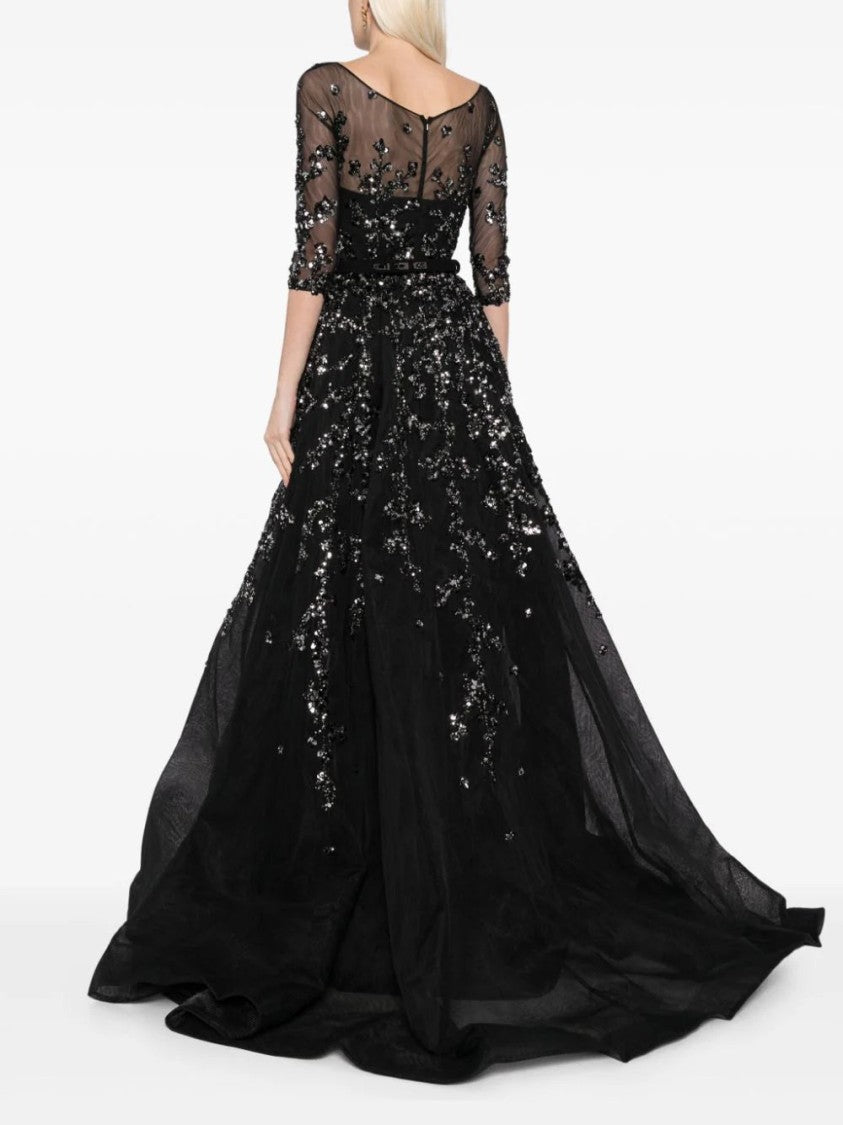 Saiid Kobeisy Tulle Beaded Dress With Envelope Skirt And Overskirt