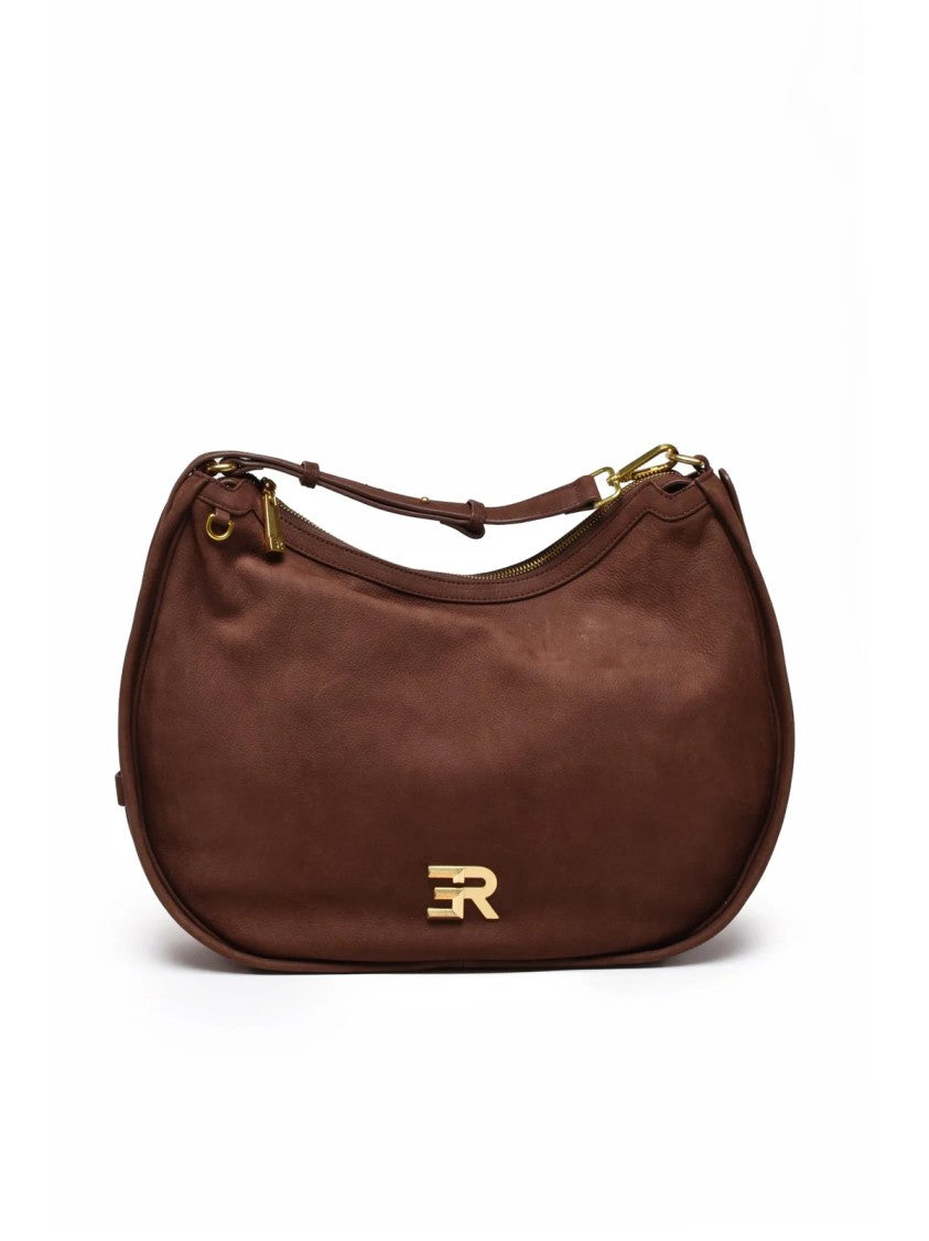 Ermanno Firenze Crescent-Shaped Brown Suede Shoulder Bag With Gold Hardware