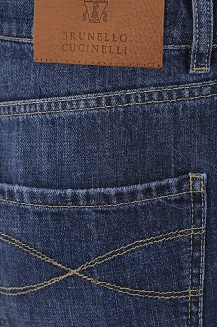 Brunello Cucinelli Medium Blue Wash Denim Pants With Tapered Leg And Rolled Cuffs