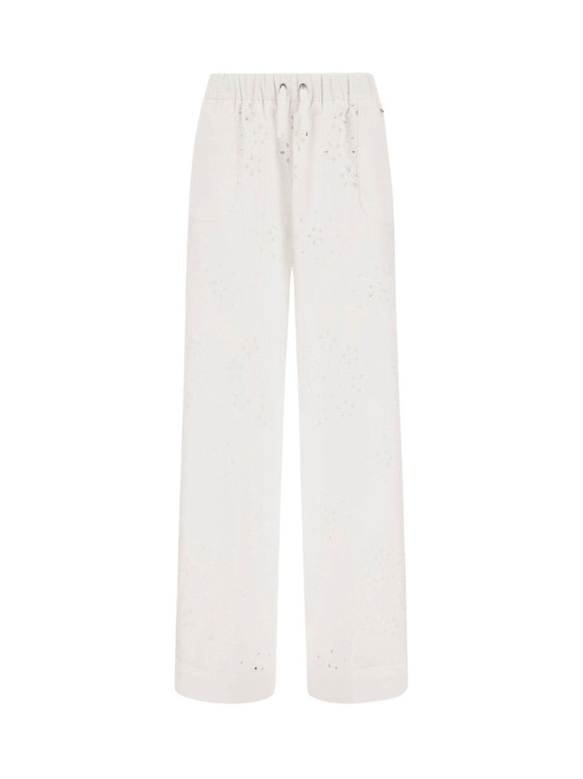 Herno White Raised Embroidery Cotton Wide-Leg Pants