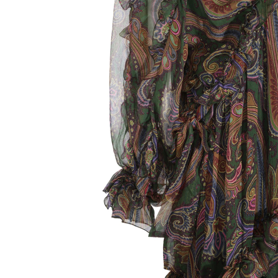 Etro Flowing Maxi Dress With Sheer Sleeves And Ruffled Neckline