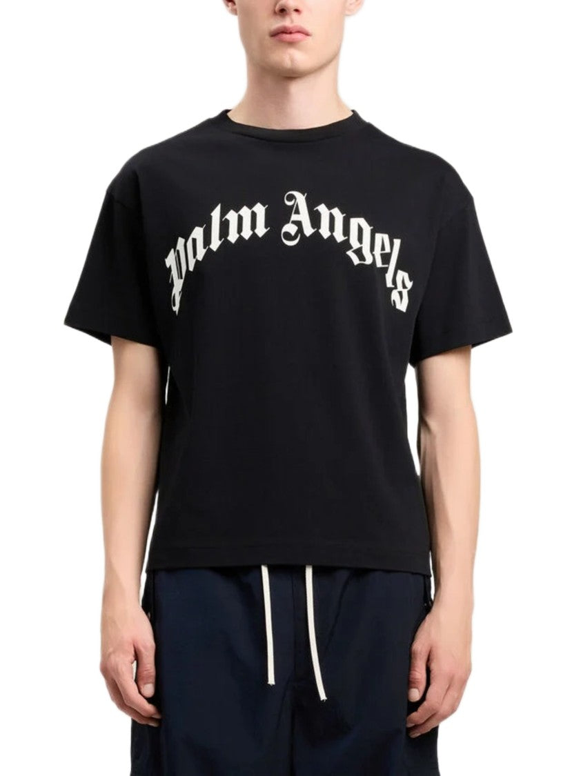 Palm Angels Curved Logo Black T-Shirt With Bold Graphic Design