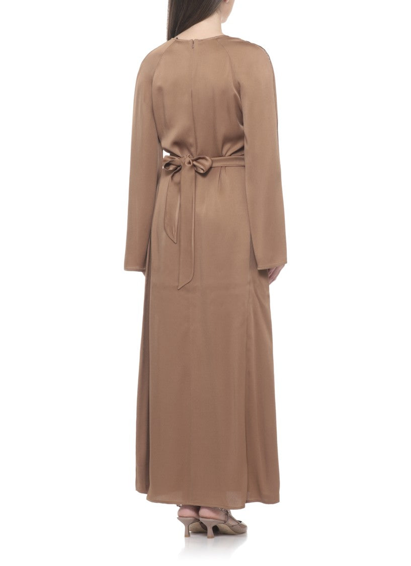 Fabiana Filippi Brown Viscose Midi Dress With V-Neck And Lace Details