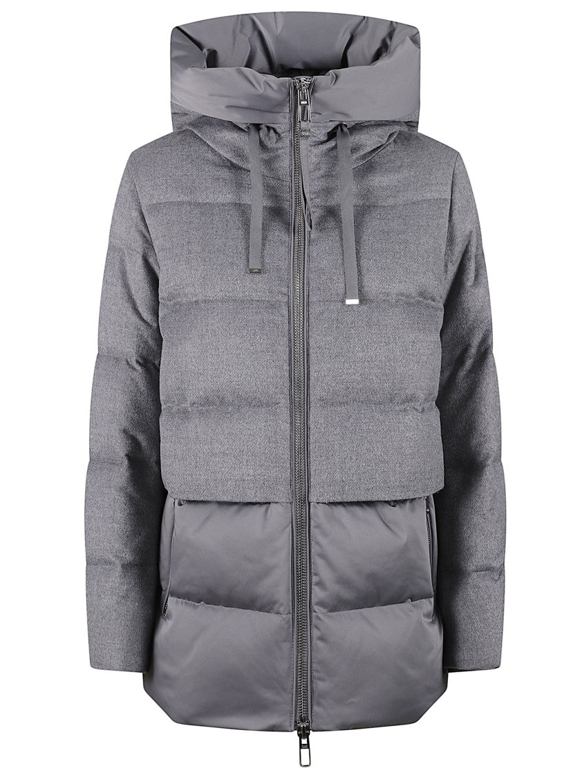 Duno Bi-Material Short Down Coat With Adjustable Hood And Drawstring Hem