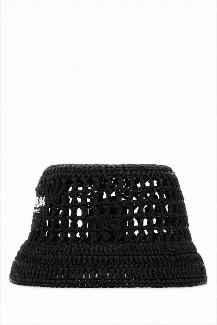 Prada Black Crochet Bucket Hat With Structured Brim And Embroidered Logo
