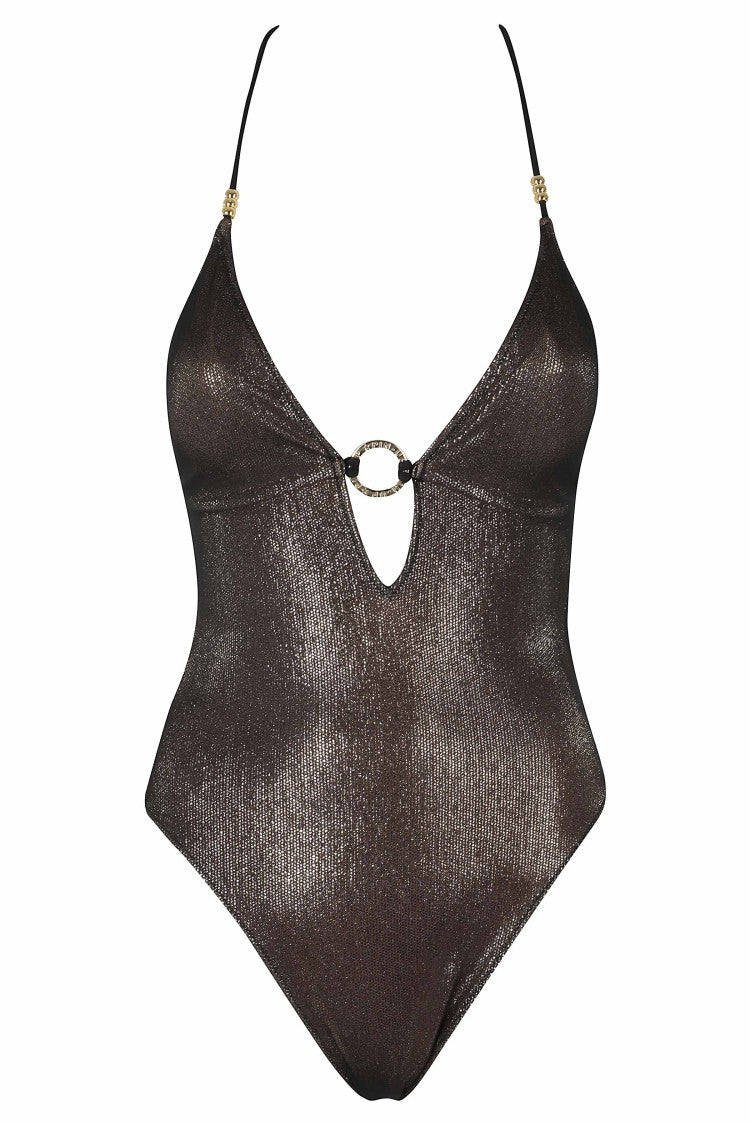 Pin-Up Black Lamé Tulle Cross-Back Ring Polyester Swimsuit