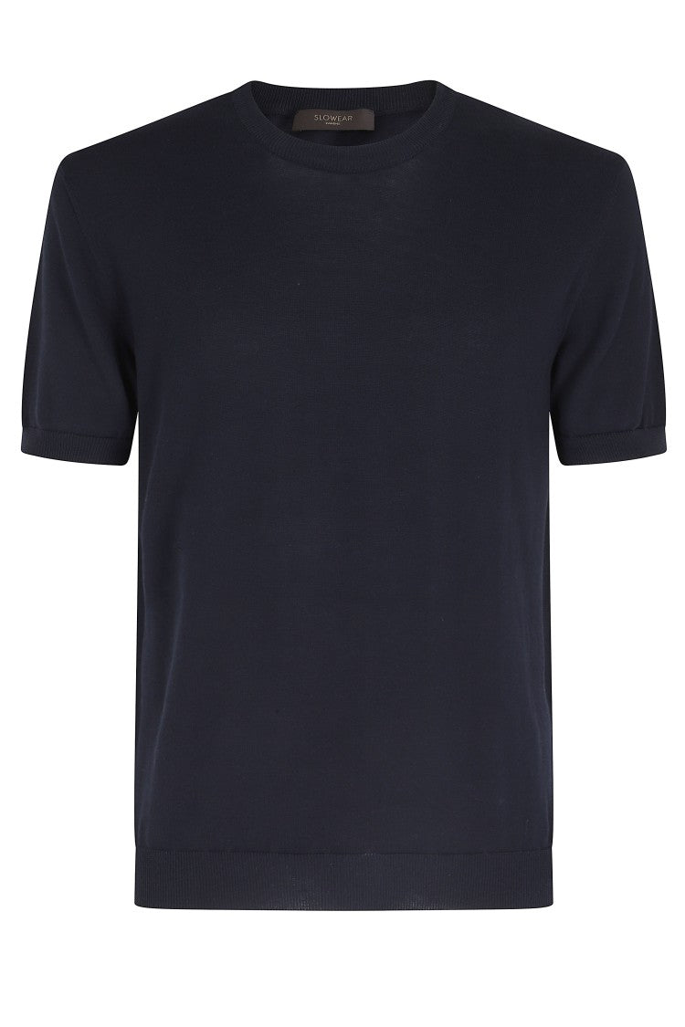 Zanone Blue Round Neck Short Sleeve Ribbed Trim Cotton Knit T-Shirt
