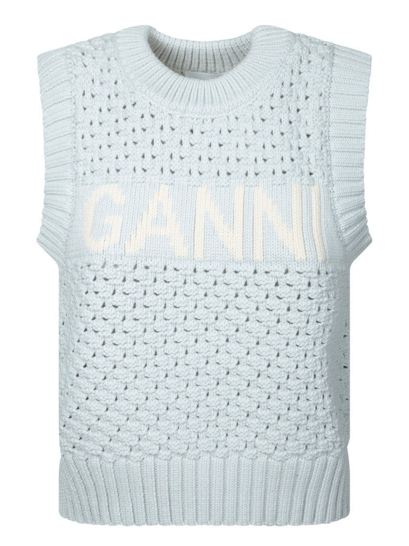 Ganni Pointelle Sleeveless Top With Ribbed Finishes