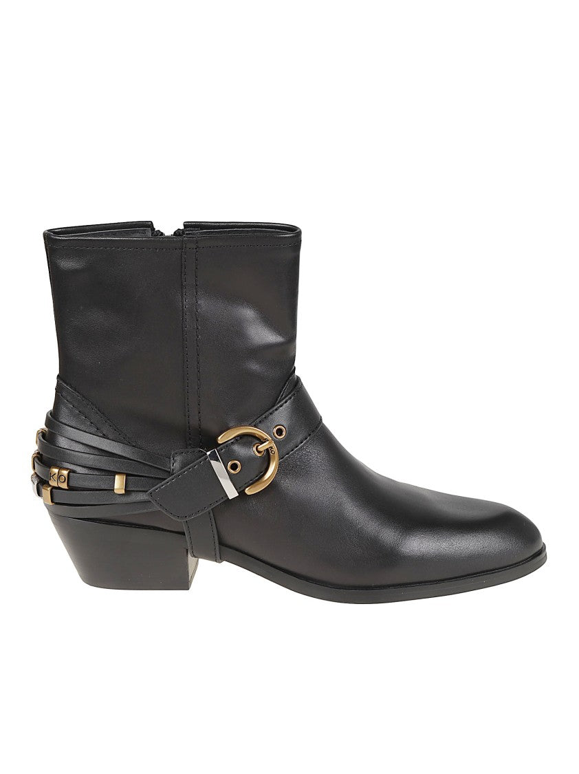 Pinko Jane O7 Pointed Toe Gold-Tone Accent Leather Ankle Boots