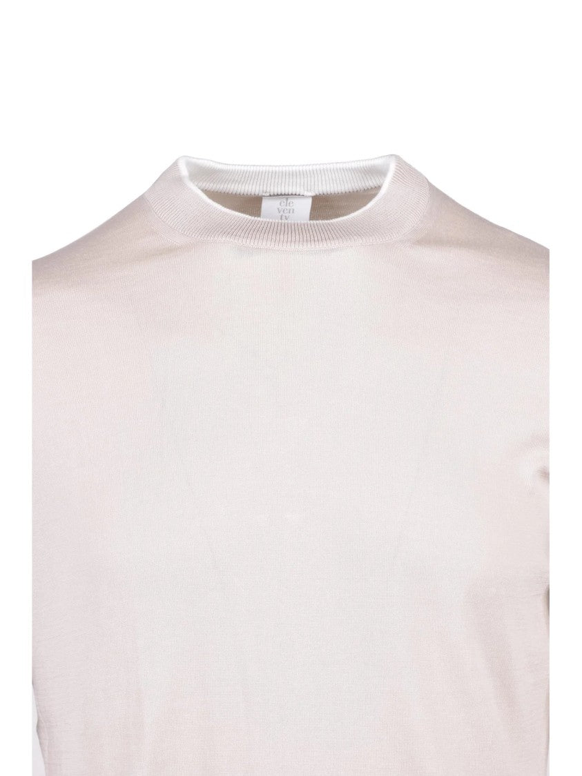 Eleventy Beige White Men Cotton Crew Neck Sweater