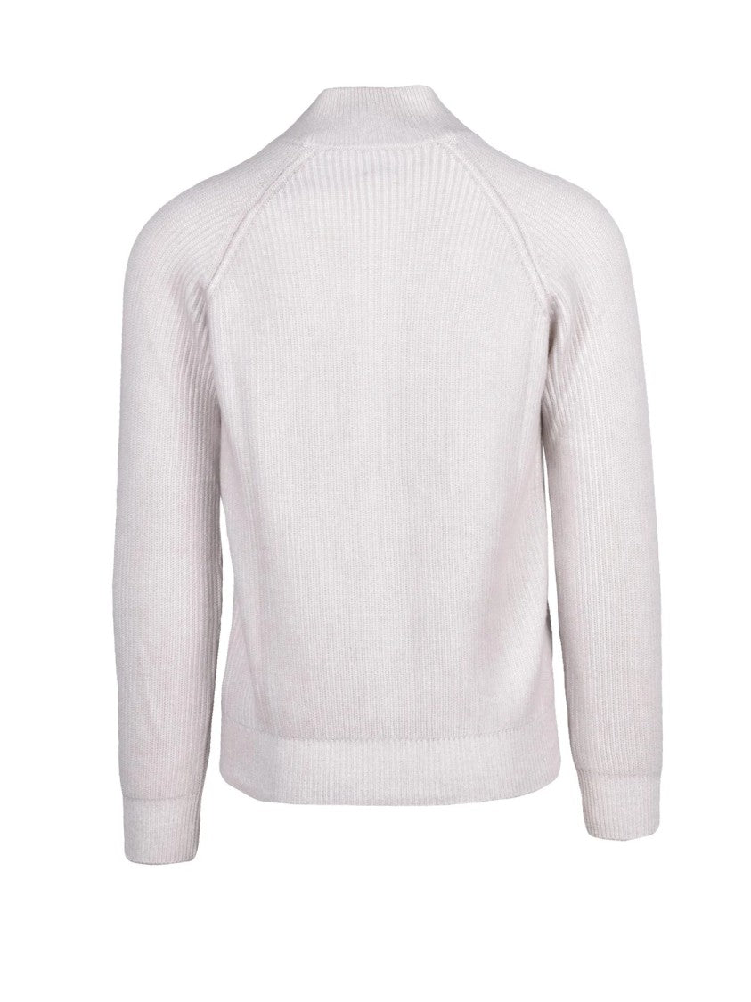 Eleventy White High Collar Cashmere Zip-Through Knit