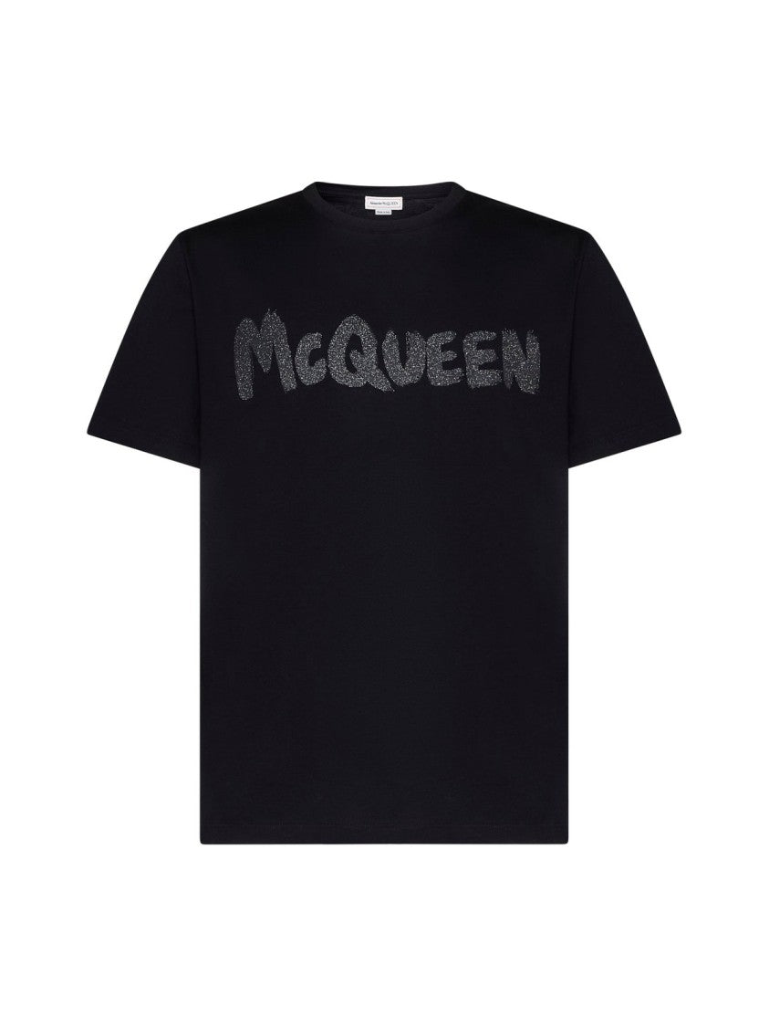 Alexander Mcqueen Distressed Graphic Black T-Shirt With Classic Crew Neckline