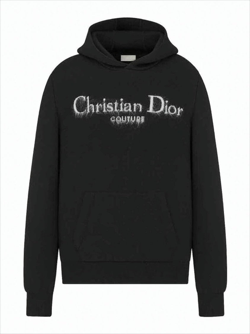 Christian Dior Signature Black Wool-Blend Hoodie With Fuzzy Logo Embroidery