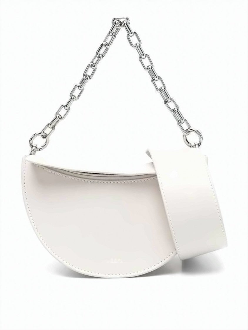 Yuzefi Half-Moon White Leather Shoulder Bag With Silver Hardware