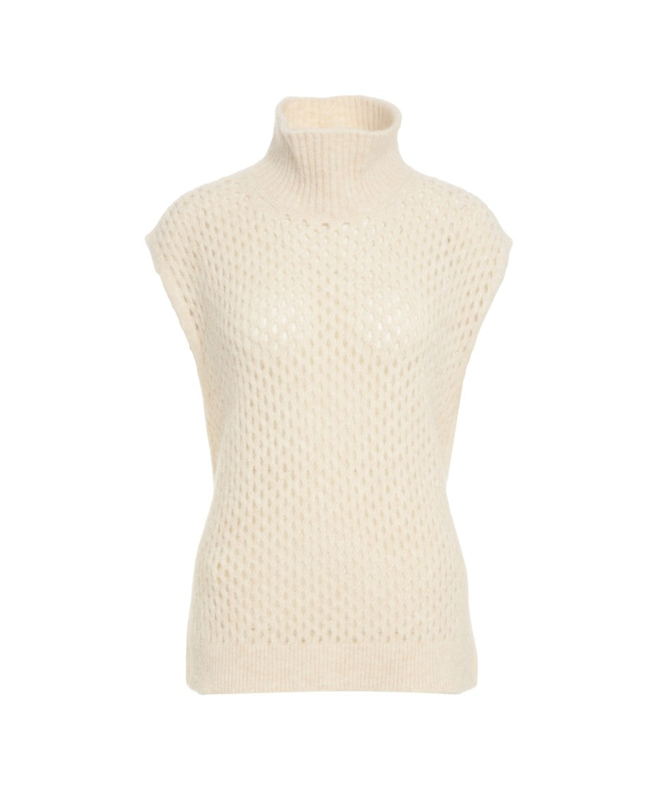 Jeio Beige Knit Gilet With High Ribbed Collar And Open-Knit Structure