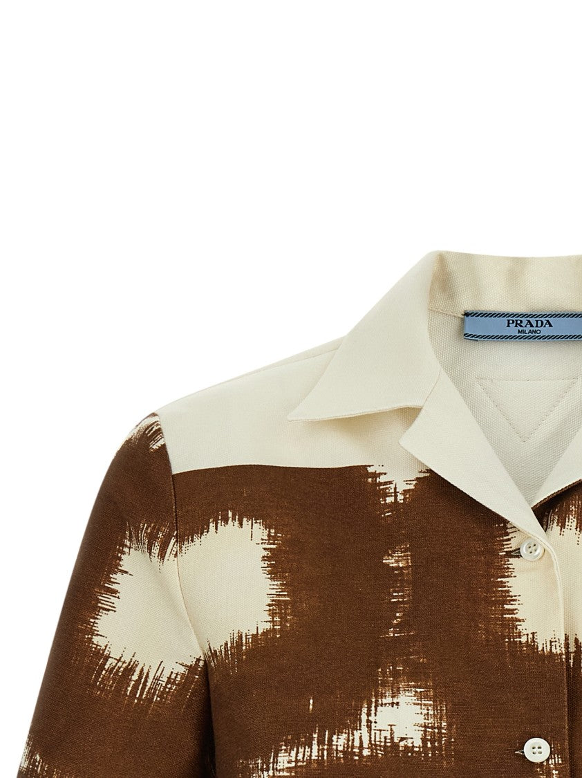 Prada Circle Print Cotton Canvas Shirt With Bowling Collar