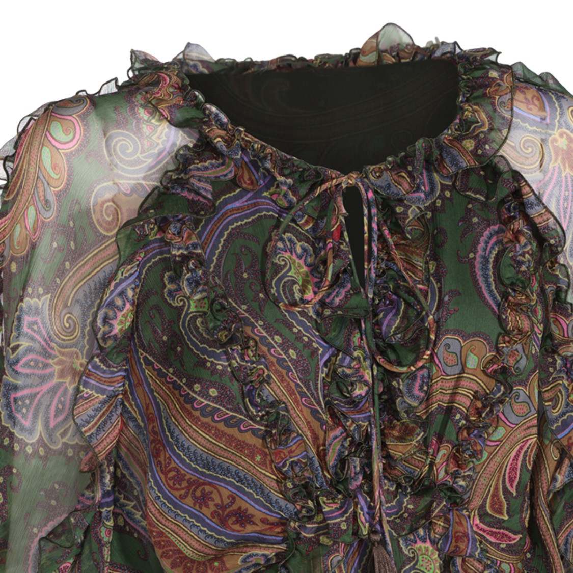 Etro Flowing Maxi Dress With Sheer Sleeves And Ruffled Neckline