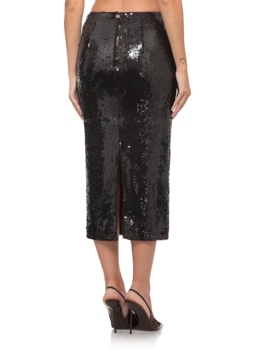 Rotate Brown Sequined Back Split Midi Skirt