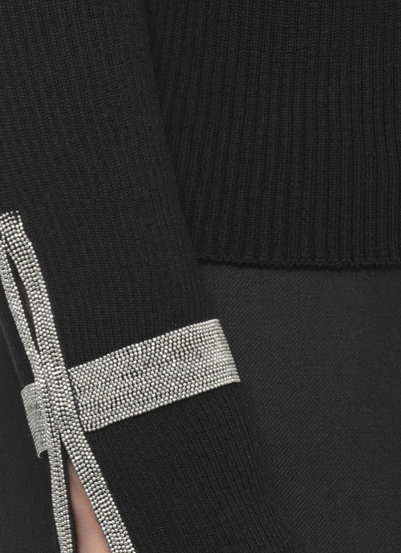 D. Exterior Black High Neck Ribbed Embellished Cuffs Wool Sweater