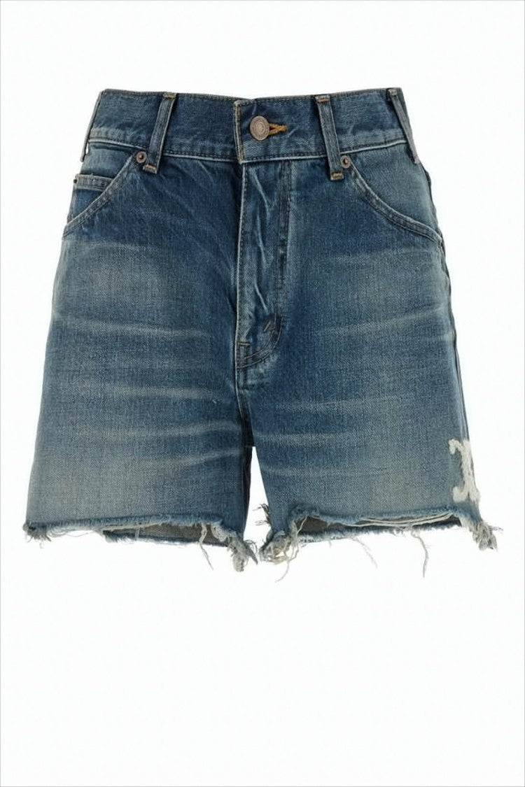 Celine Faded Wash Denim Shorts With Frayed Hems And Classic 5-Pocket Design